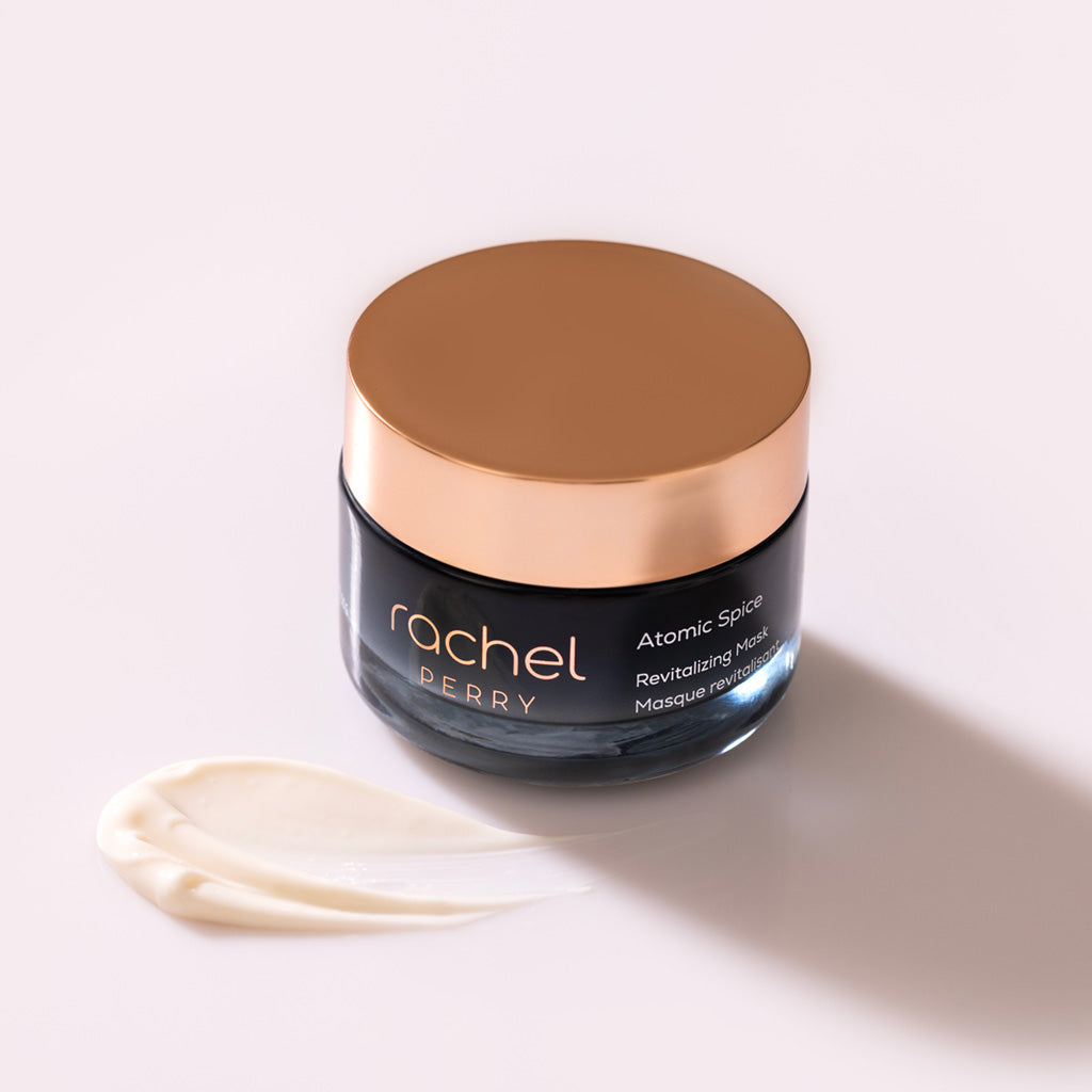 atomic spice revitalizing face mask all natural skincare jar with rose gold lid and rachel perry branding on a white background