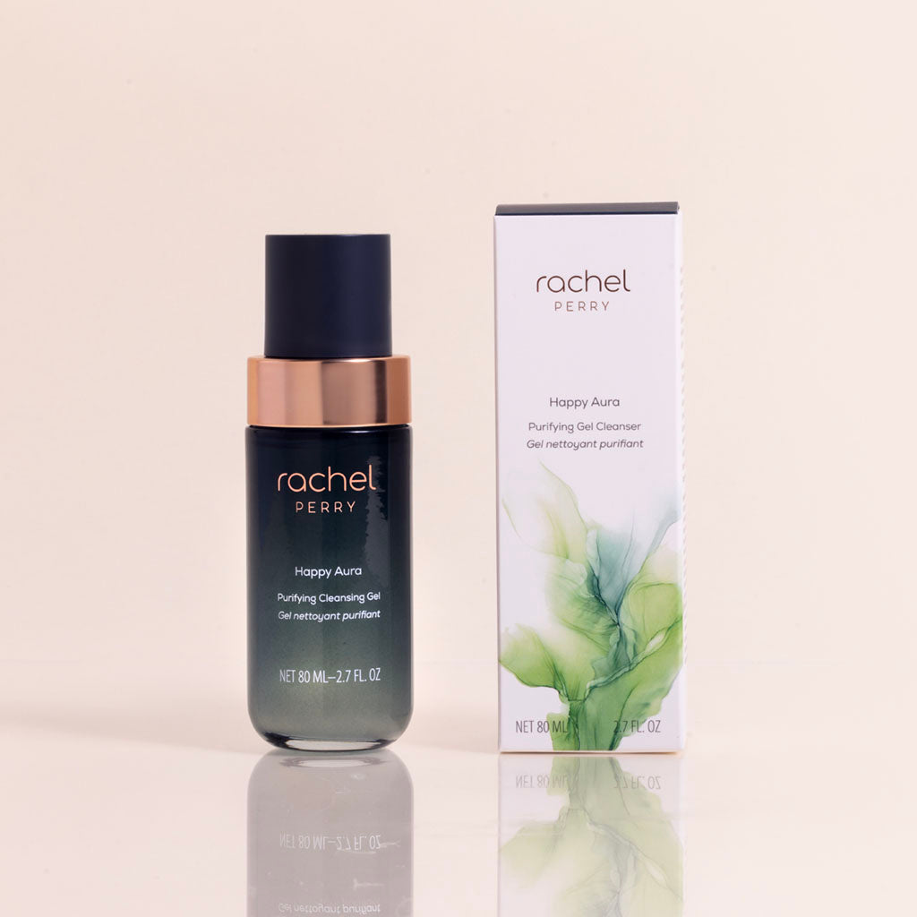 happy aura purifying cleansing gel bottle and sustainable packaging rachel perry natural clean skincare