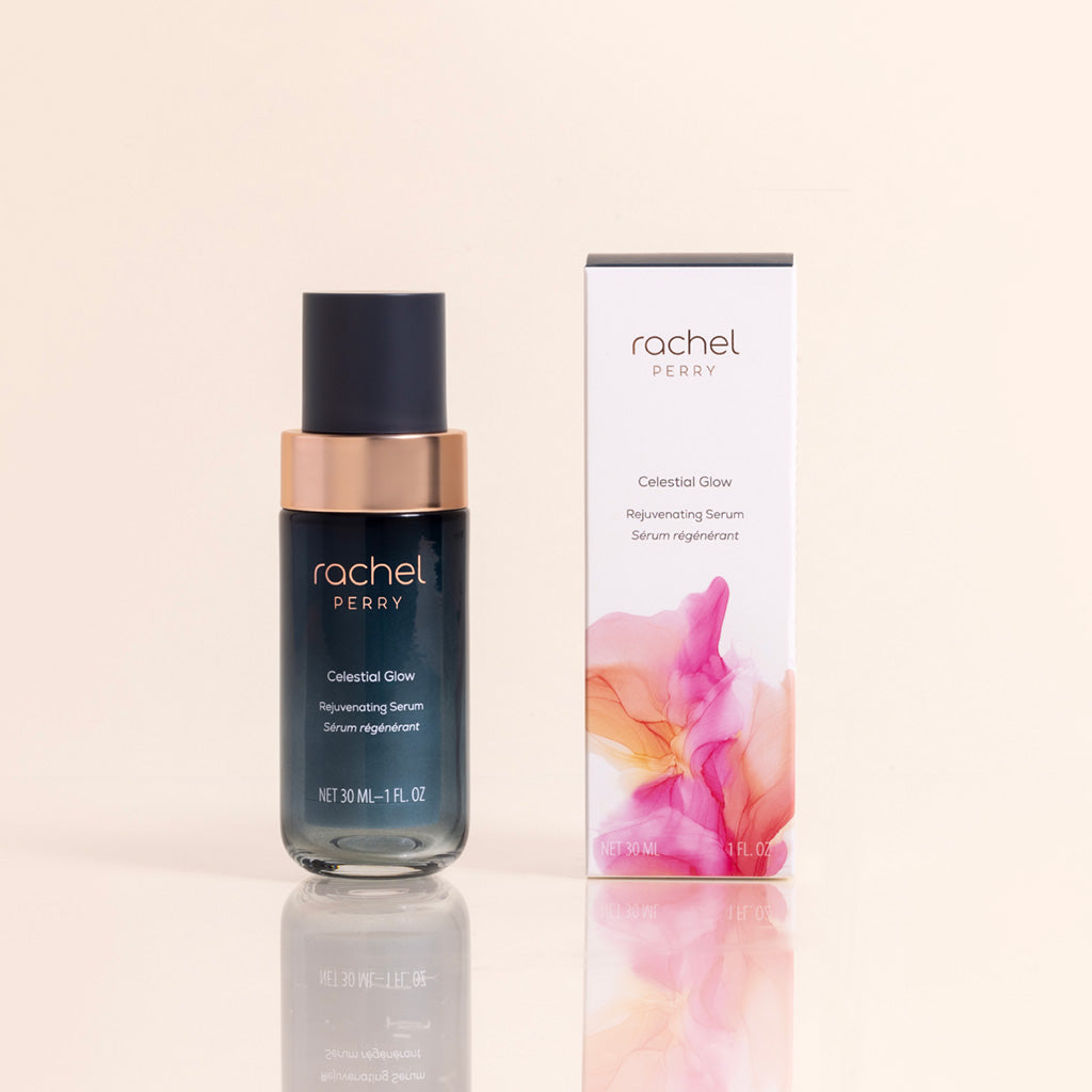 celestial glow rejuvenating serum by Rachel Perry natural skincare bottle with packaging on a light beige background