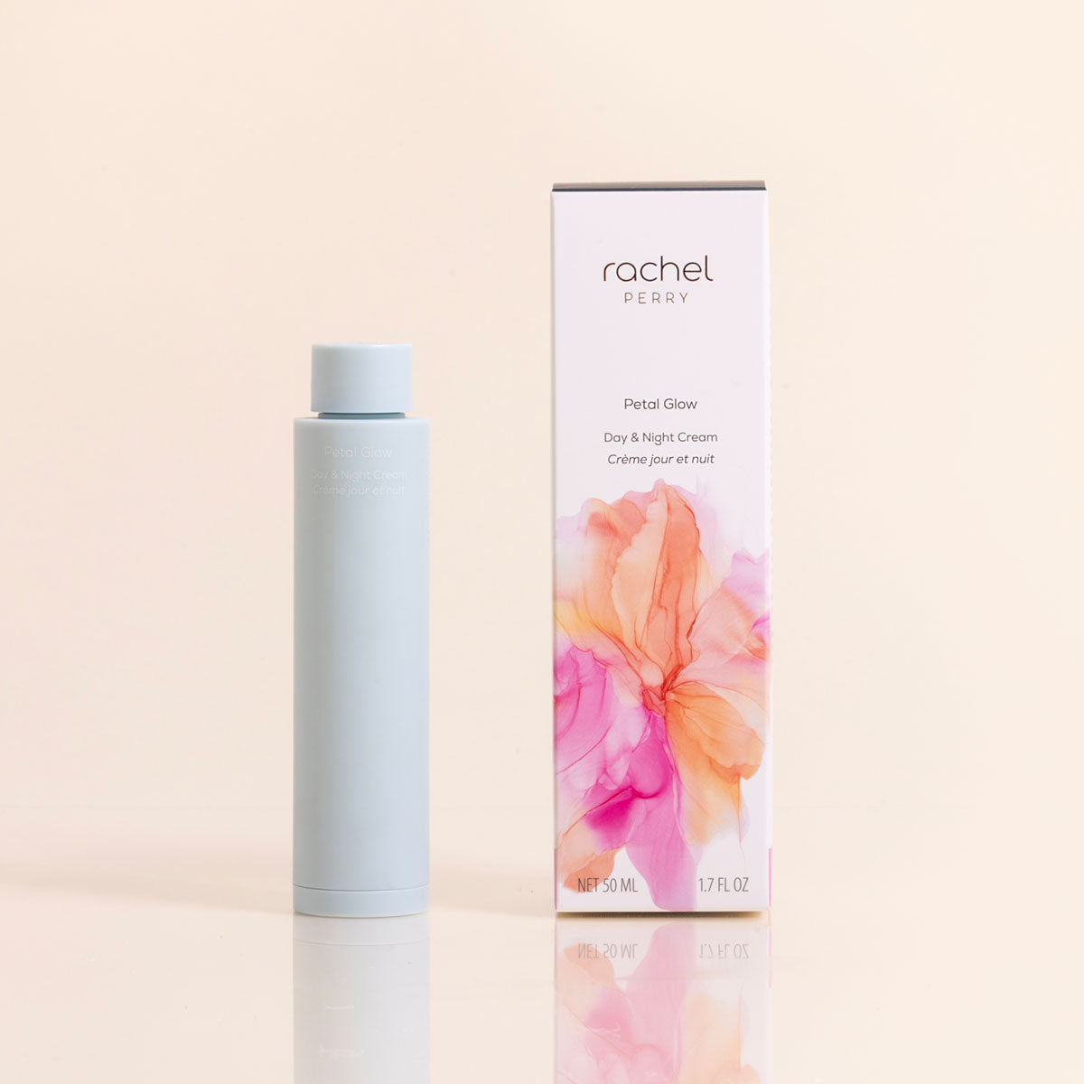 sustainable skincare packaging and refillable 'Petal Glow' Day & Night Cream by Rachel Perry on a beige background