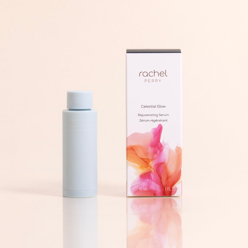 celestial glow face serum all natural skincare refillable packaging with rachel perry branding on a light background