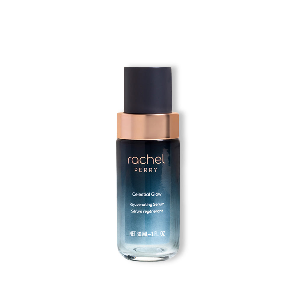 natural skincare rejuvenating serum bottle with celestial glow rachel perry branding on a white background