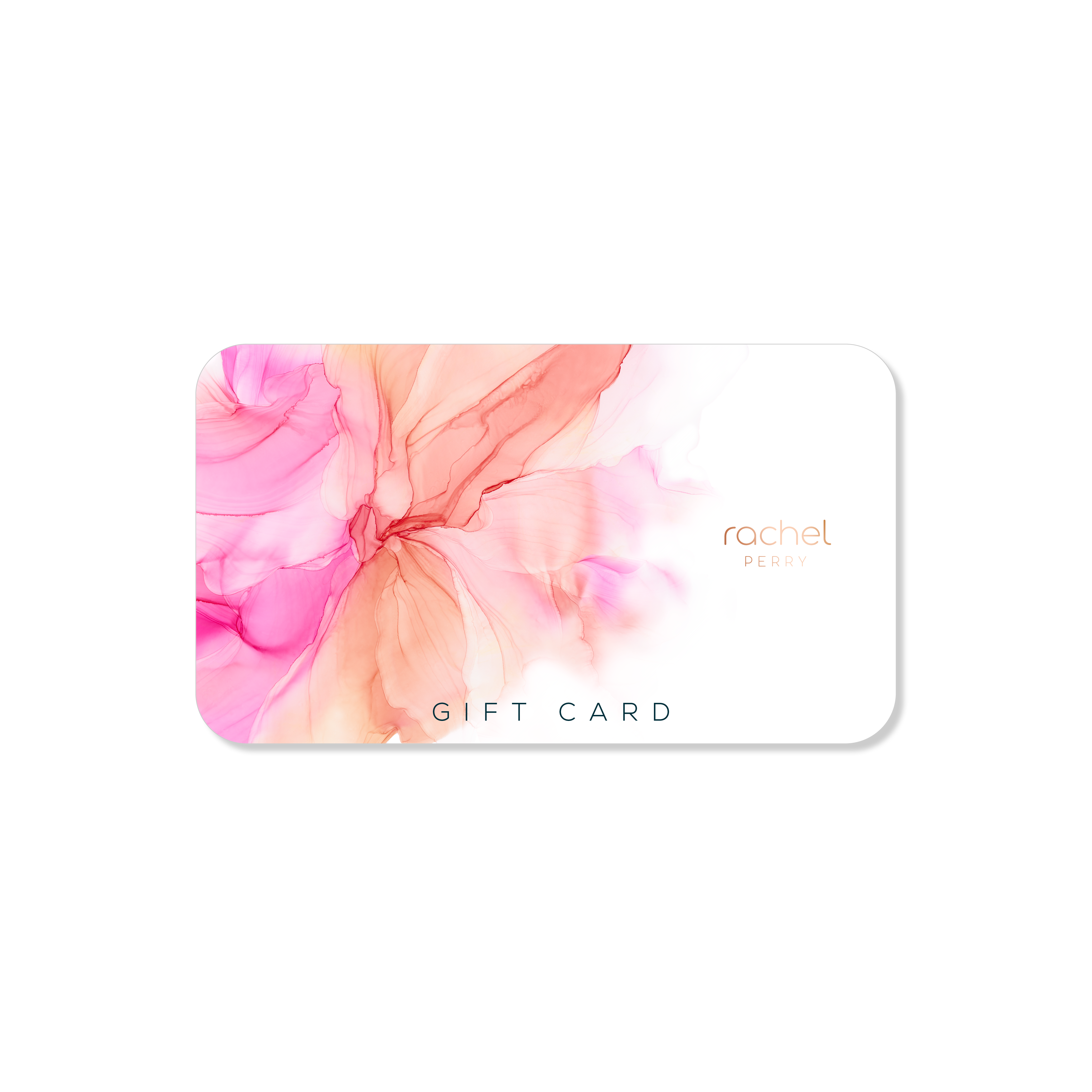 rachel perry gift card with pink and orange floral ink design on white background