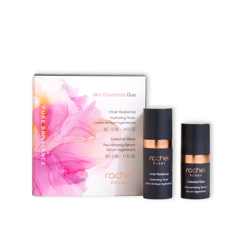 pure brilliance skin essentials duo by rachel perry skincare inner radiance hydrating toner and celestial glow rejuvenating serum on white background