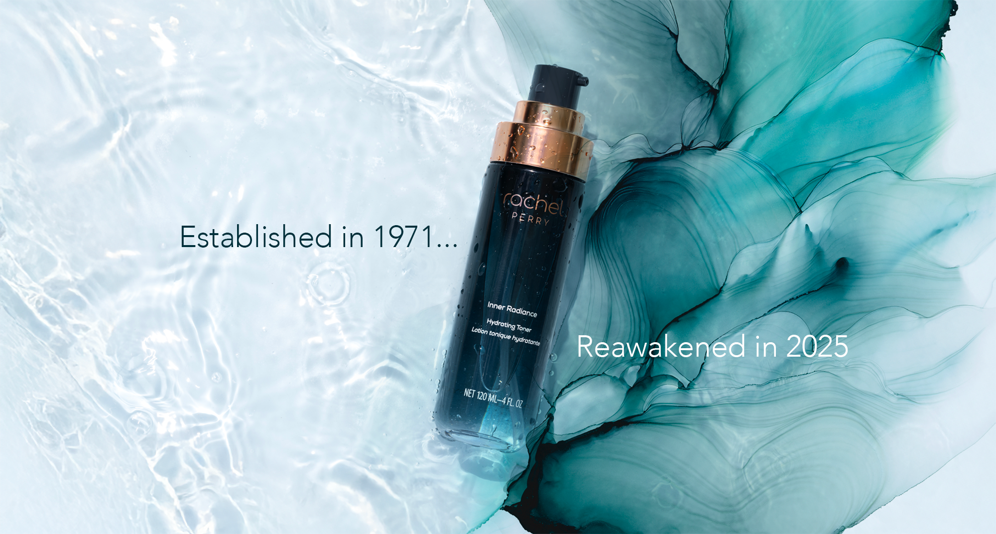 Rachel Perry Skincare bottle with text Established in 1971 Reawakened in 2025 on a textured blue and white background