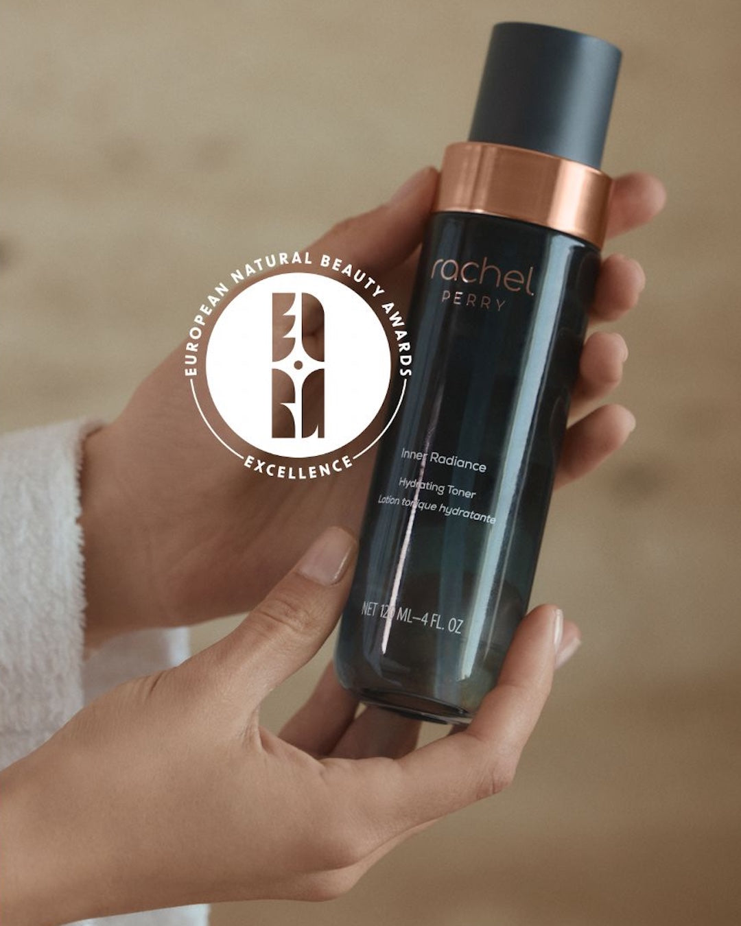 Rachel Perry Inner Radiance Hydrating Toner with the European Natural Beauty Awards Excellence badge.