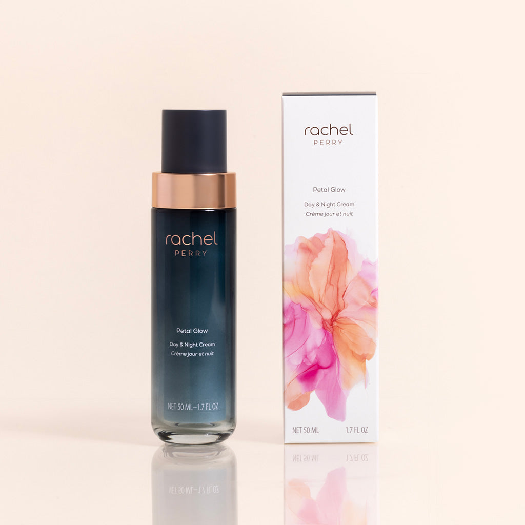 Bottle and packaging of 'Petal Glow' Day & Night Cream by Rachel Perry natural skincare on a beige background