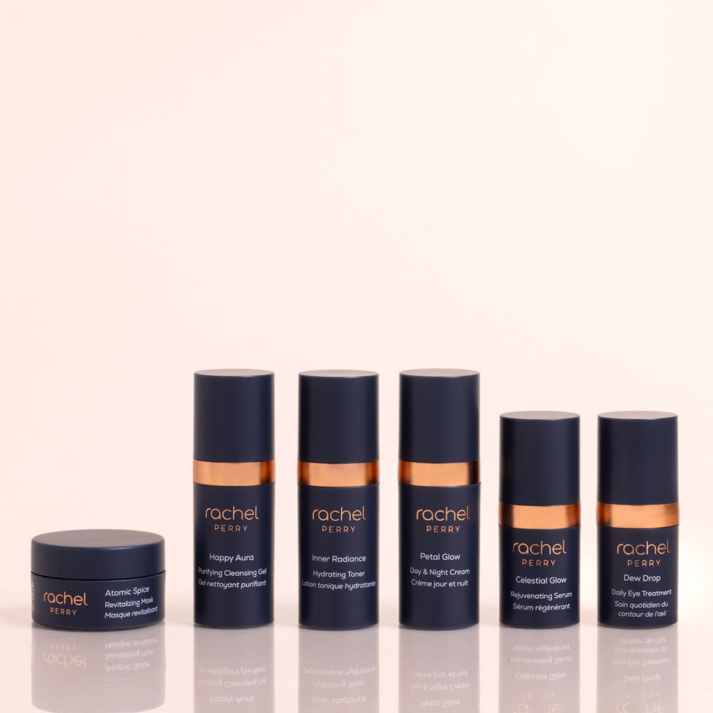 rachel perry natural vegan clean organic skincare products against light background