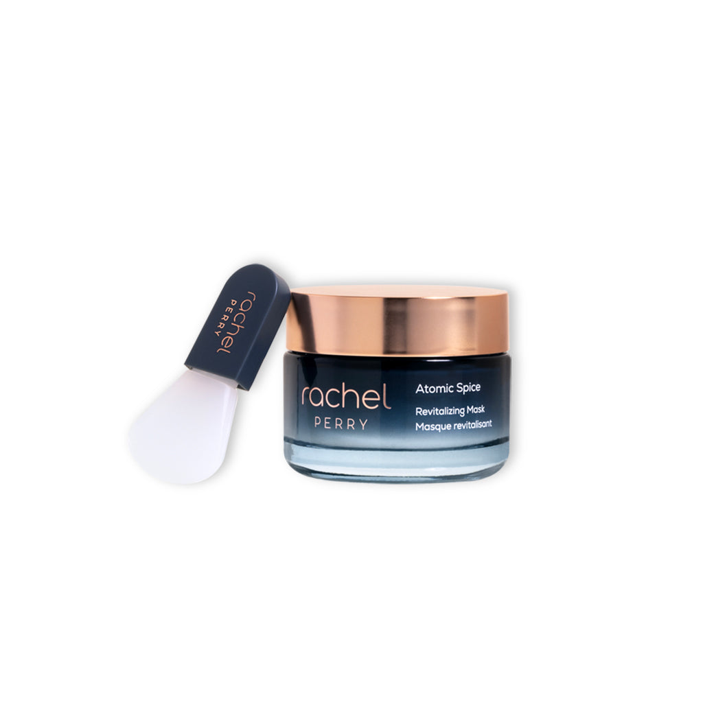 natural clean hydrating face mask jar labeled Rachel Perry atomic spice revitalizing mask jar with applicator on a white background