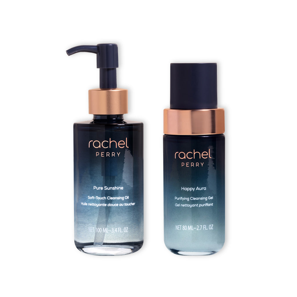 vegan rachel perry natural skincare bottles labeled pure sunshine soft touch cleansing oil and happy aura purifying cleansing gel