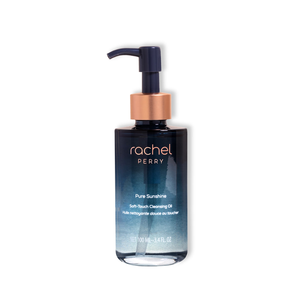 Bottle of 'Pure Sunshine' soft touch natural clean cleansing oil by Rachel Perry skincare on a white background